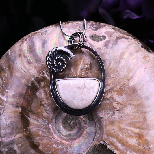 Spiral Memory – Fossil Coral & Shell Pendant Necklace – Handmade Fine & Sterling Silver Jewelry