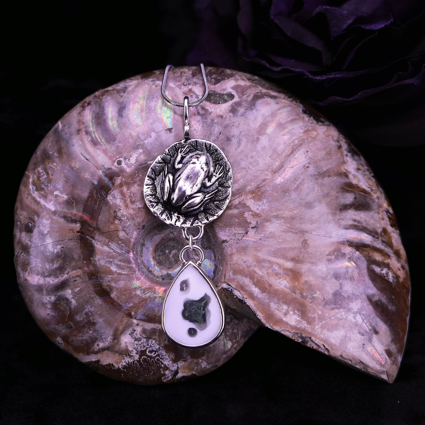 Stillness, Watching – Solar Quartz & Frog Pendant Necklace – Handmade Fine Silver & Sterling Jewelry