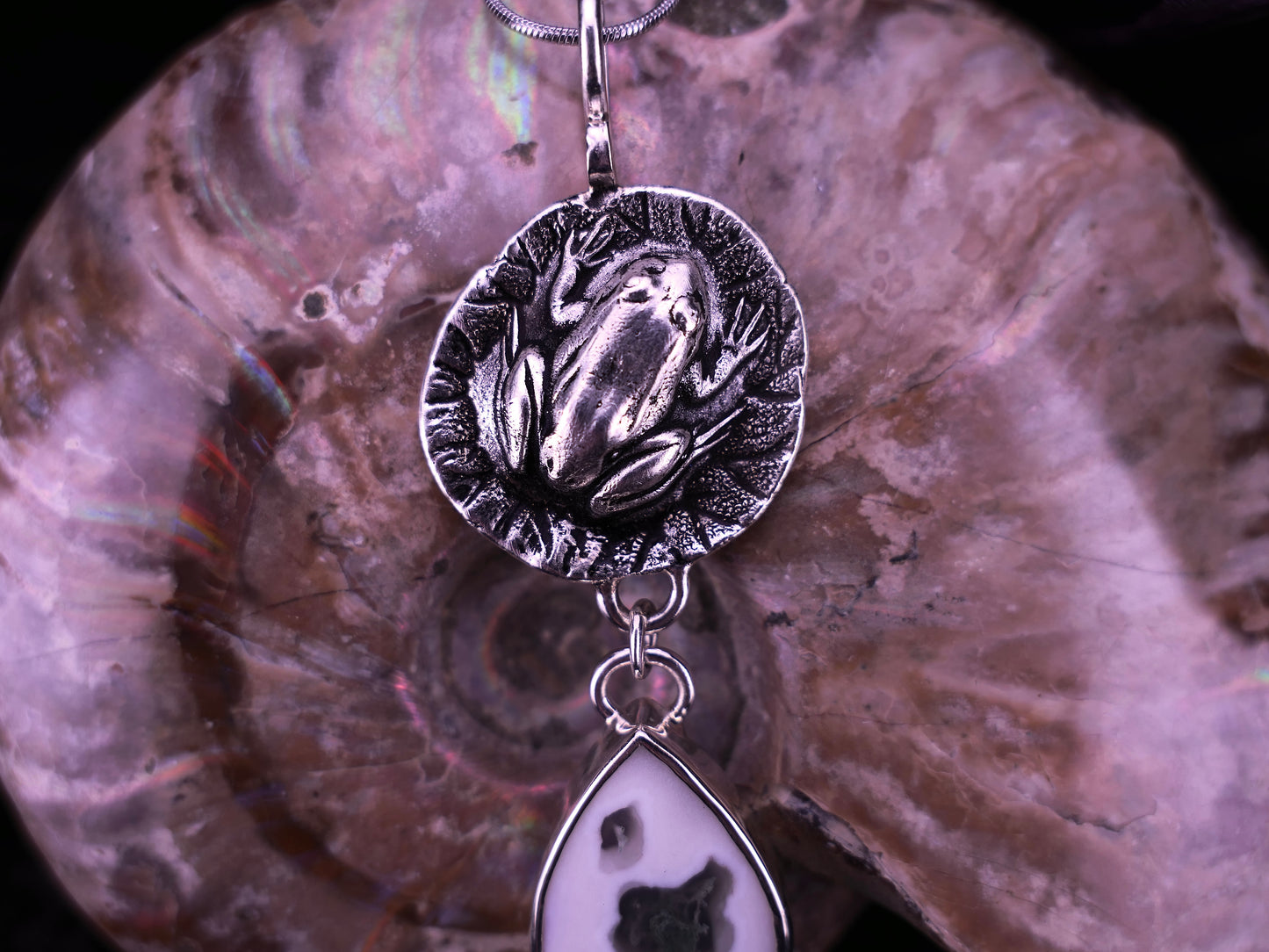 Stillness, Watching – Solar Quartz & Frog Pendant Necklace – Handmade Fine Silver & Sterling Jewelry