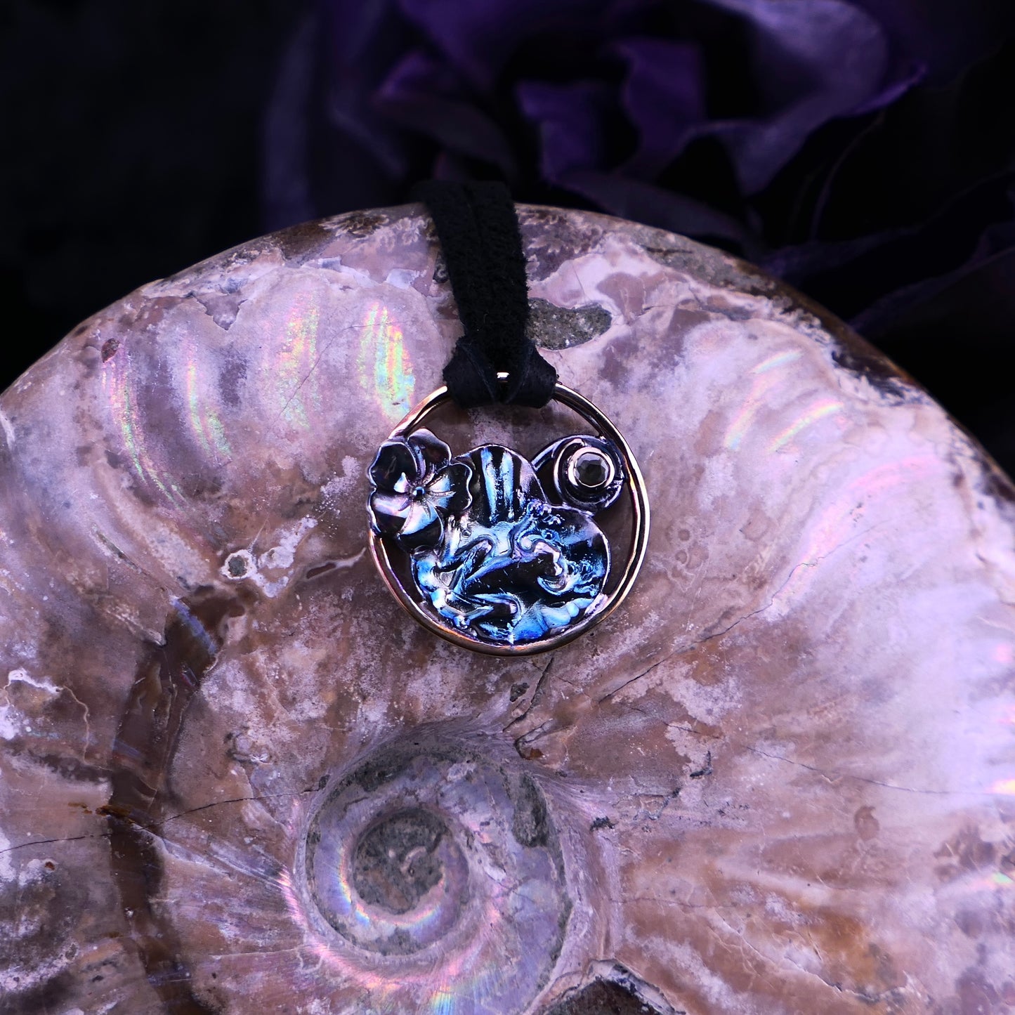 Still Pool – Frog & Flower Pendant – Handmade Fine Silver, Brass & Sapphire Jewelry