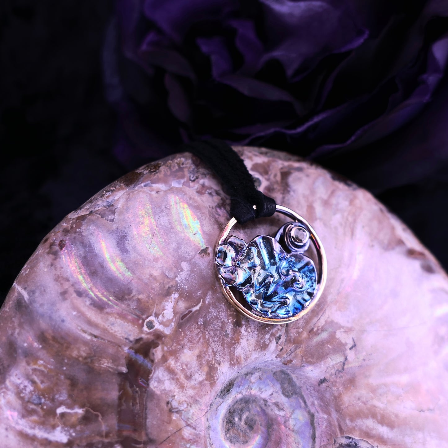 Still Pool – Frog & Flower Pendant – Handmade Fine Silver, Brass & Sapphire Jewelry