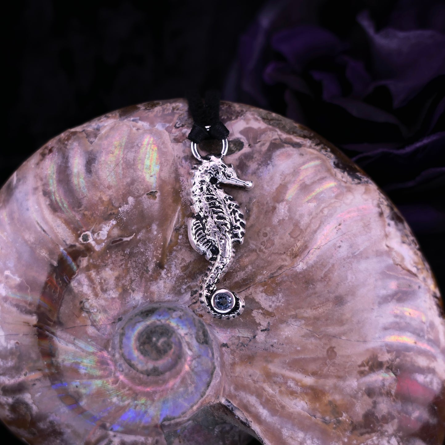 Tidebound Keeper – Blue Topaz Seahorse Pendant in Fine Silver