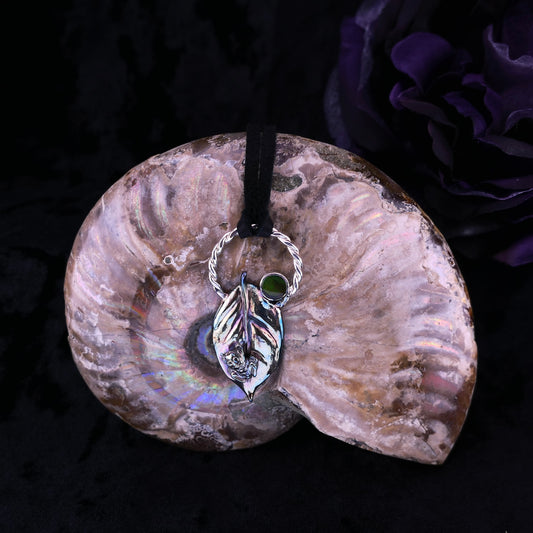 Branchlight – Ammolite & Leaf featuring a Fine Silver Treefrog Pendant Necklace – Handmade Fine Silver Jewelry