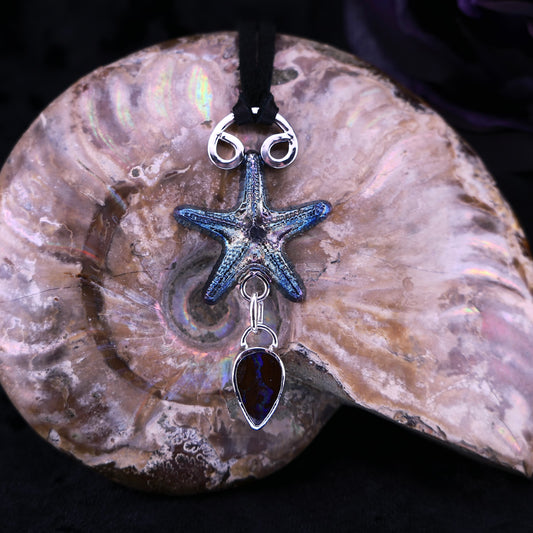 Driftform – Starfish & Boulder Opal Double Pendant Necklace – Handmade Fine Silver Jewelry