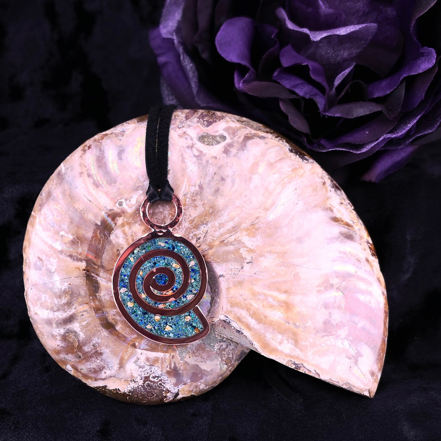 Ancient Shoreline – Plesiosaur Fossil & Green Opal Shell Pendant – Handmade Copper Jewelry