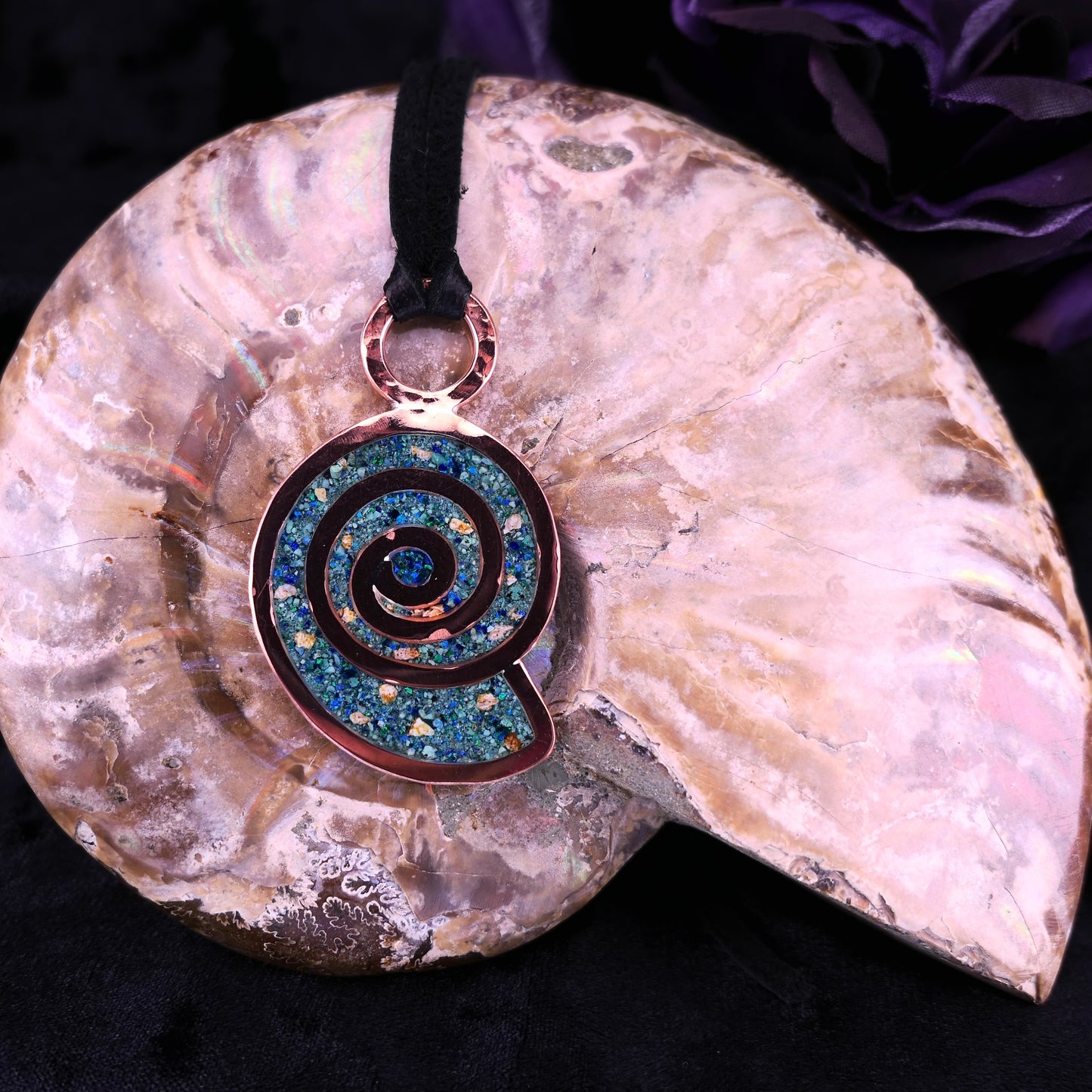 Ancient Shoreline – Plesiosaur Fossil & Green Opal Shell Pendant – Handmade Copper Jewelry