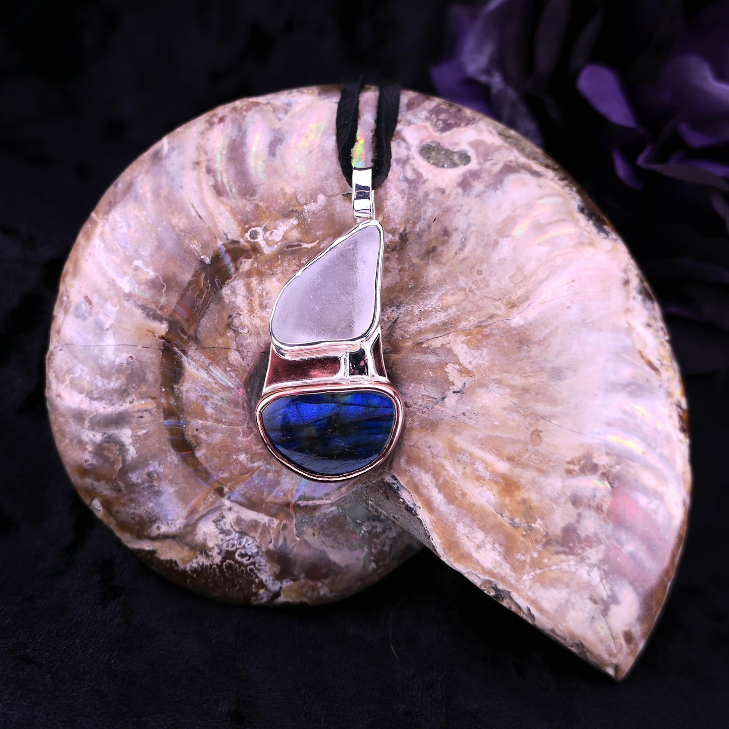 Tideglass – Sailboat Pendant Necklace – Copper, Sterling, Sea Glass & Spectrolite